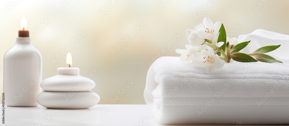 Poster Ceramic soap and towel on a blurred white spa background with ample copy space image.