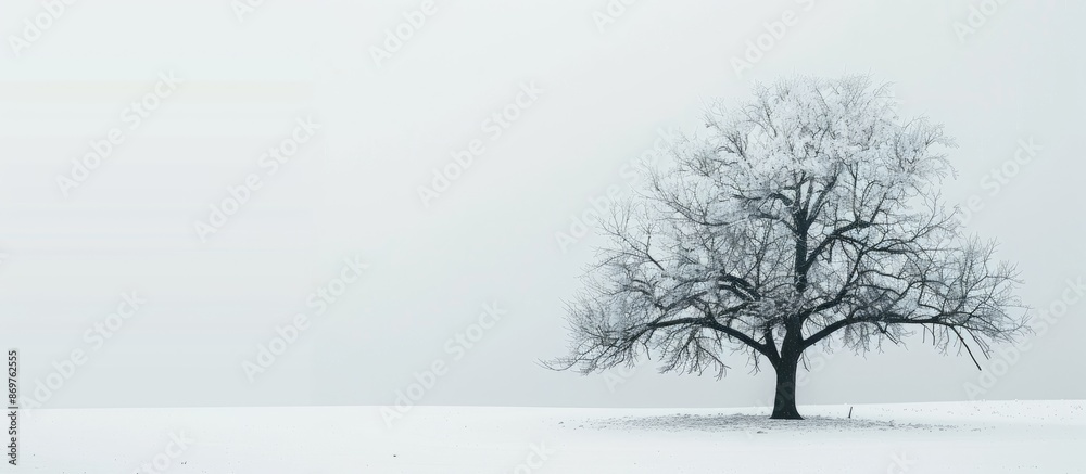 Fototapete tree with bare branches against a snowy background, providing a serene and peaceful copy space image
