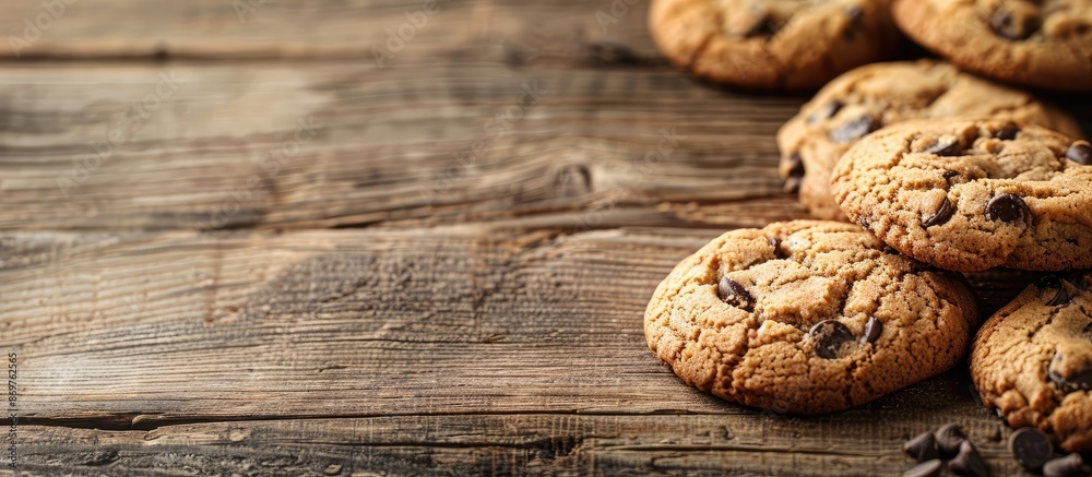 Poster Homemade cookies close-up on a wooden table with ample space for copying images.