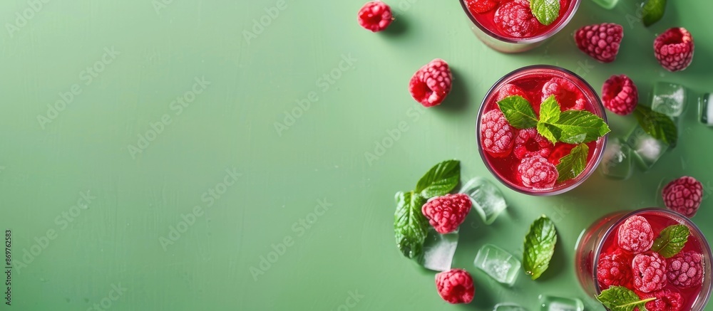 Aufkleber Refreshing summer drink made from raspberries set on a green background in a top-view copy space image.