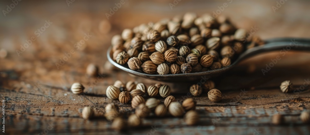 Aufkleber close-up view of dry coriander seeds in a spoon on a wooden background with selective focus, perfect