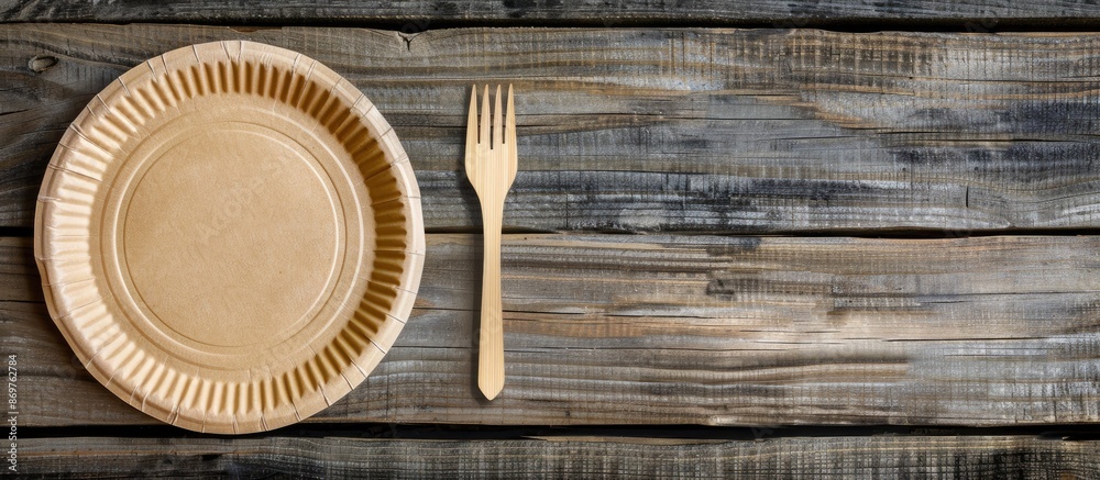 Poster Eco-friendly paper plate and fork set displayed on a rustic wooden table with ample space for adding text or images.