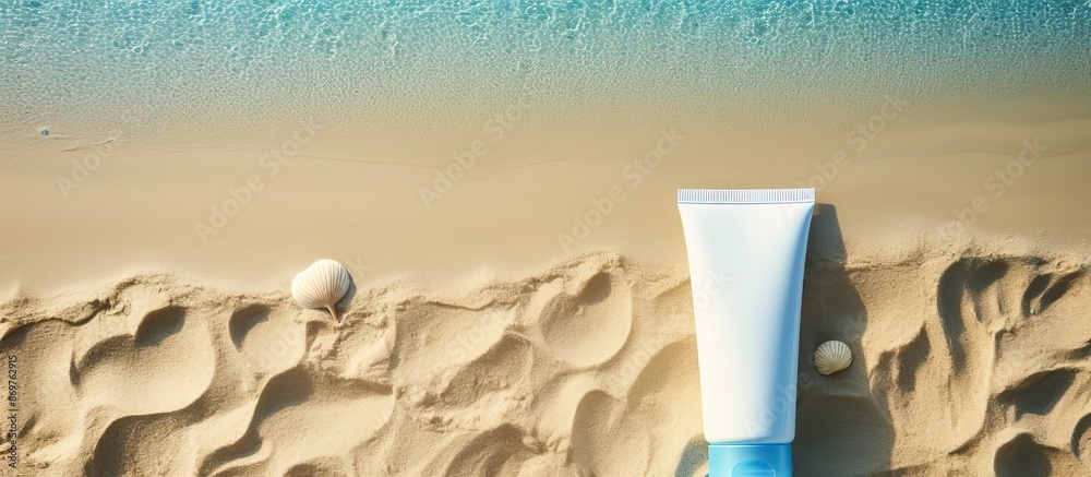 Poster top view of sunscreen lotion on a sandy beach background with copy space image, symbolizing both sum