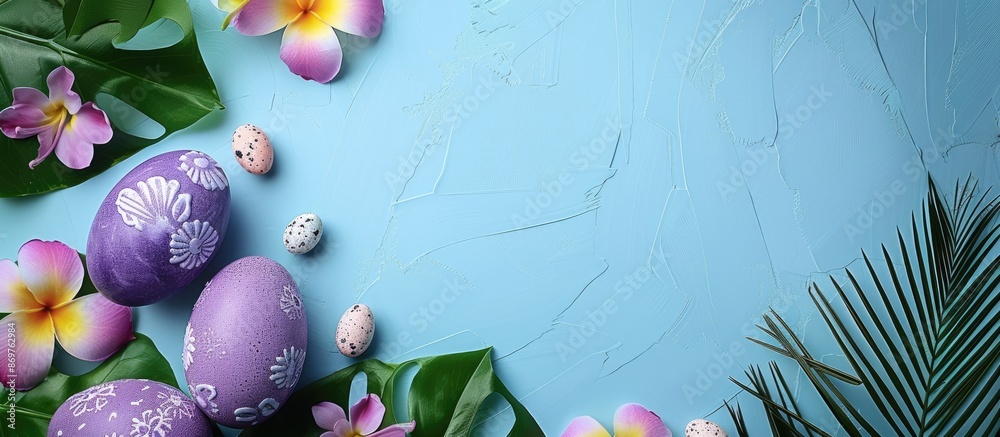 Poster top view of a purple easter eggs arrangement on a blue backdrop with tropical leaves and flowers, cr