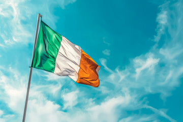 Ireland flag waving on blue sky background