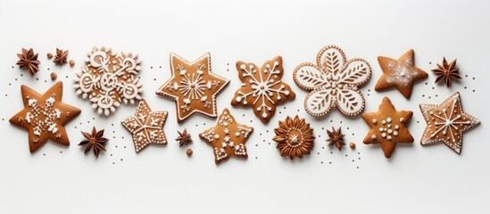 Traditional German gingerbread cookies displayed on a white background with copy space image. They are a classic Christmas delicacy, captured from the top view.