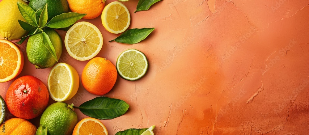 Poster citrus fruits laid out beautifully on a colored background with a bit of space for text. copy space 