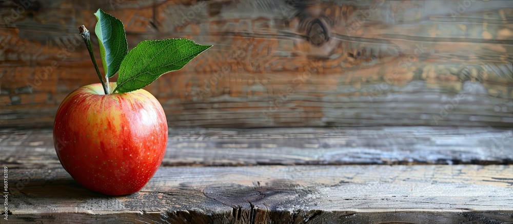 Poster An apple resting on a rustic wooden table with available copy space image.