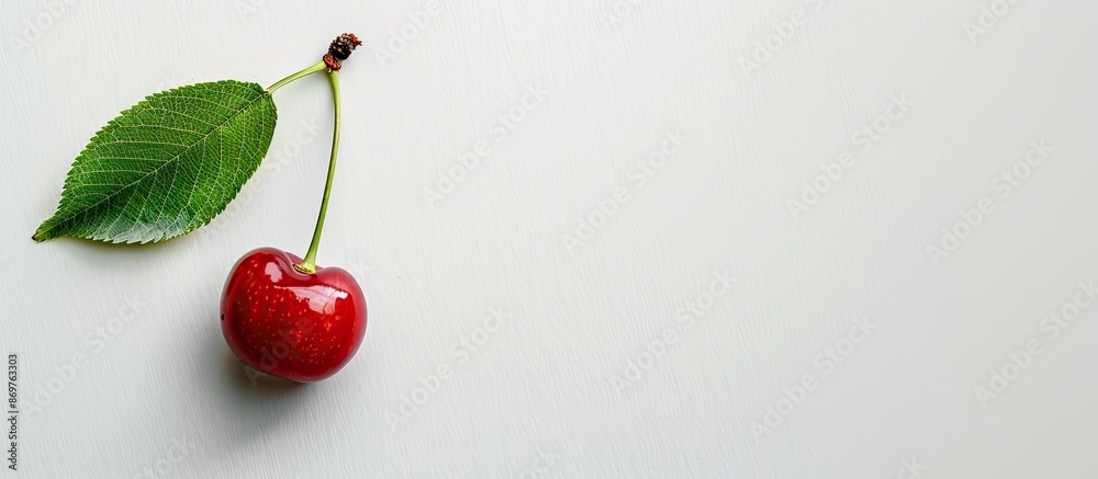 Poster top view of a cherry with a green leaf against a white backdrop, with copy space image.