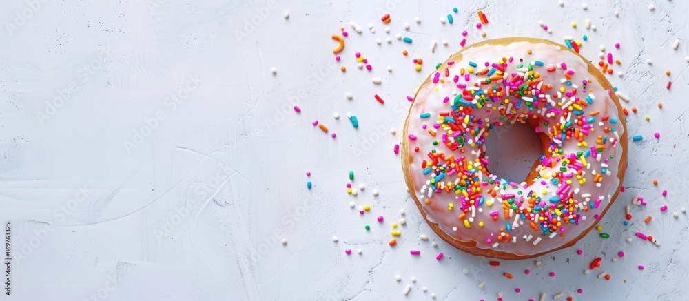 Fototapete A bird's eye view of a donut topped with vibrant sprinkles displayed on a blank white backdrop, perfect for adding text in the copy space image.