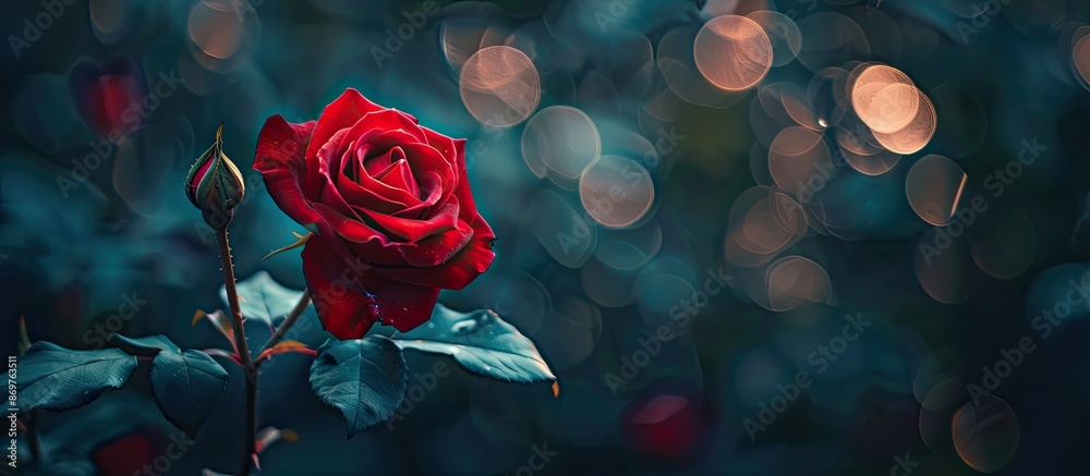 Poster Blurry image of a red rose with ample copy space for text or design in the background for creating ads, scenes, or textures.