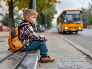 Little blonde boy sitting at the bus stop waiting for the school bus. The boy with a backpack with school supplies on the way to the classroom.