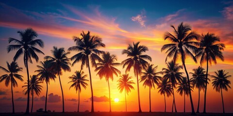 Silhouettes of Palm Trees at Sunset in Tropical Paradise