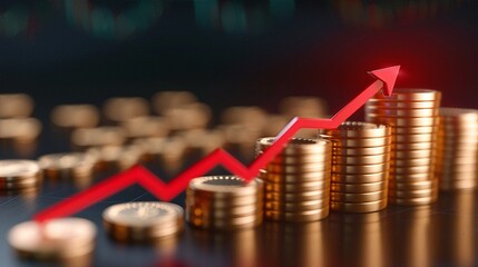 Stack of coins with a growing red arrow signifying financial growth, investment, and economic success in a stock market context.