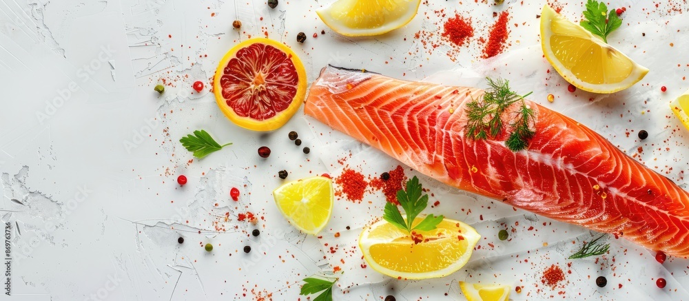 Poster red fish steak with lemon and spices on a light background, featuring a copy space image.