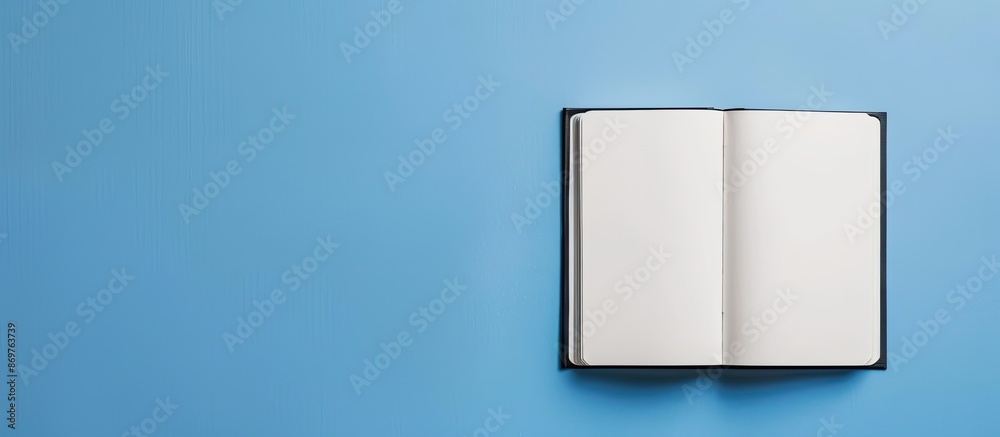 Poster black notebook with white pages against a blue backdrop, providing ample copy space image.