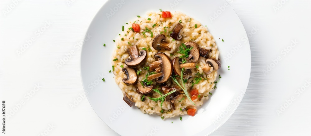 Aufkleber Top view of a mushroom risotto on a white background with copy space image available.