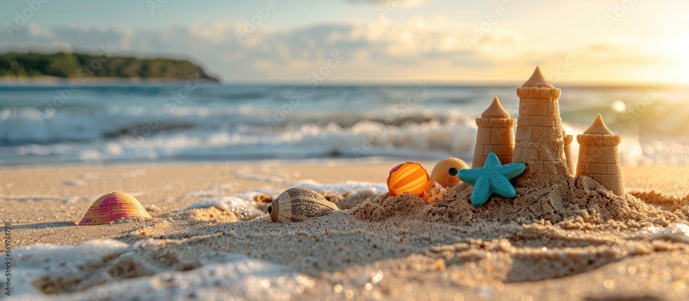 Poster sand castles and plastic toys placed on the beach near the sea, creating a picturesque scene with co