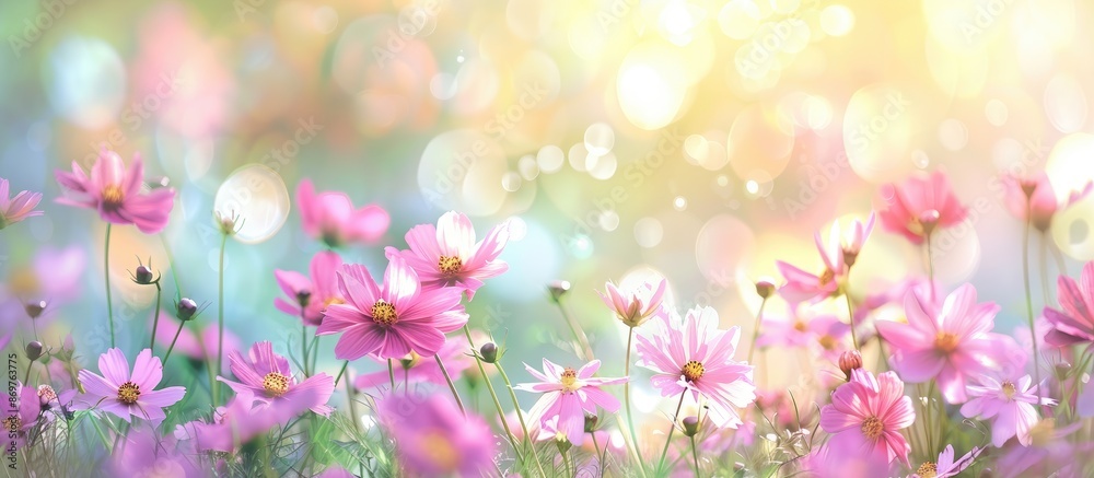 Poster Spring-themed blurred bokeh image with Cosmos flowers in the background, ideal for copy space.