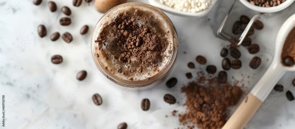 Poster top view of a jar of homemade coffee body scrub with ingredients and packing tools on a white table,