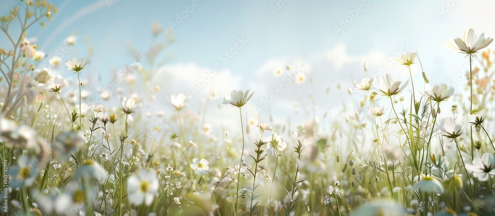 Poster a bright sunny day backdrop showcases delicate white meadow flowers, creating a serene landscape wit