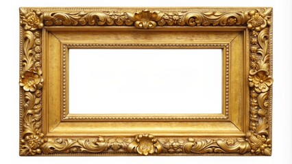 Solitary golden picture frame on white background with ample copy space for additional artwork