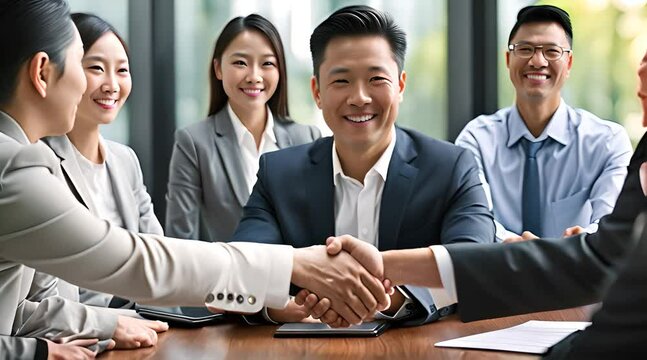 Businessman Handshake and Business Deal with Professional Employees - Joint Business Team Meeting and Discussion, Success and happiness is a connected community company