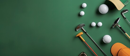 Top view of golf equipment arranged in a flat lay style on a green background with copy space image.