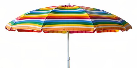 Fototapeta premium Striped Beach Umbrella on White Background for Copy Space , Canopy, Shade, Summer, Colorful, Design