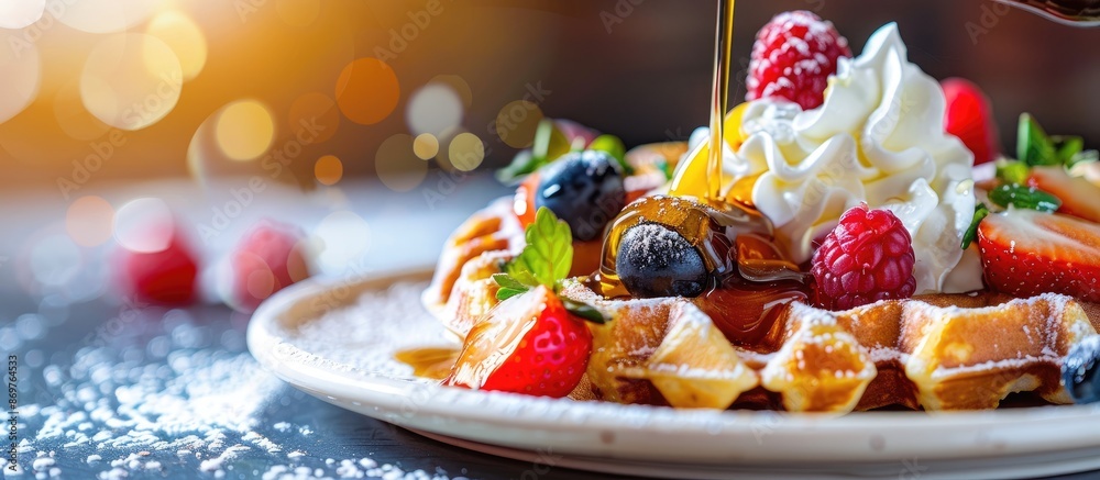 Poster Close-up image of pouring maple syrup onto waffle with fruit and whipped cream, providing copy space for text or graphics.
