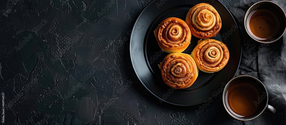 Poster Cinnamon rolls and buns are arranged enticingly on a black plate accompanied by a cup of tea. The dark backdrop enhances the presentation with available copy space image in a top view.