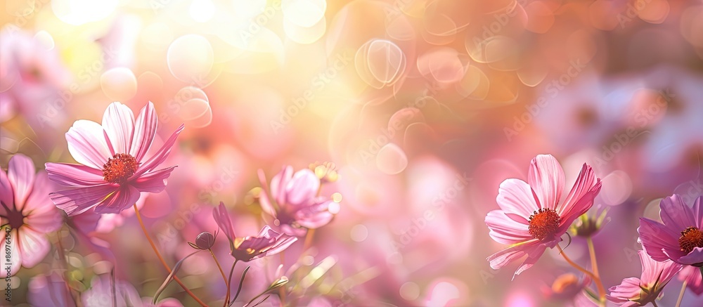 Poster Spring-themed blurred bokeh image with Cosmos flowers in the background, ideal for copy space.