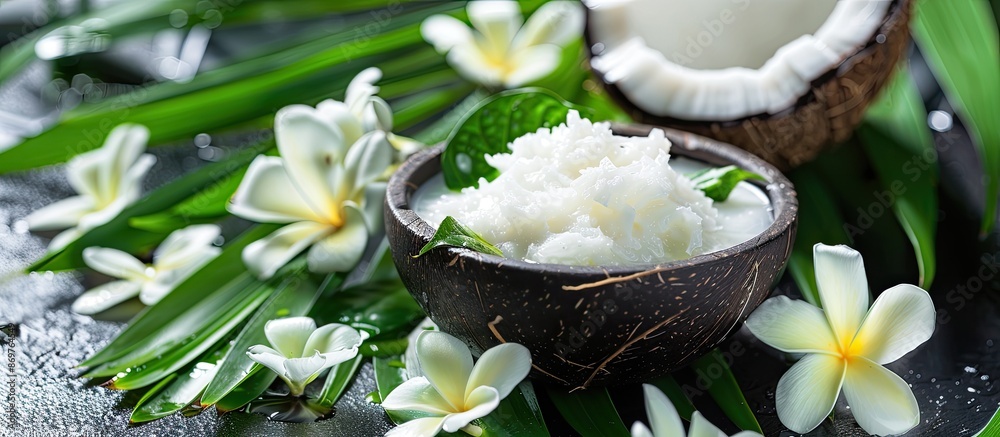 Poster coconut oil and cream with exotic foliage and blossoms create a serene natural spa setting in a copy
