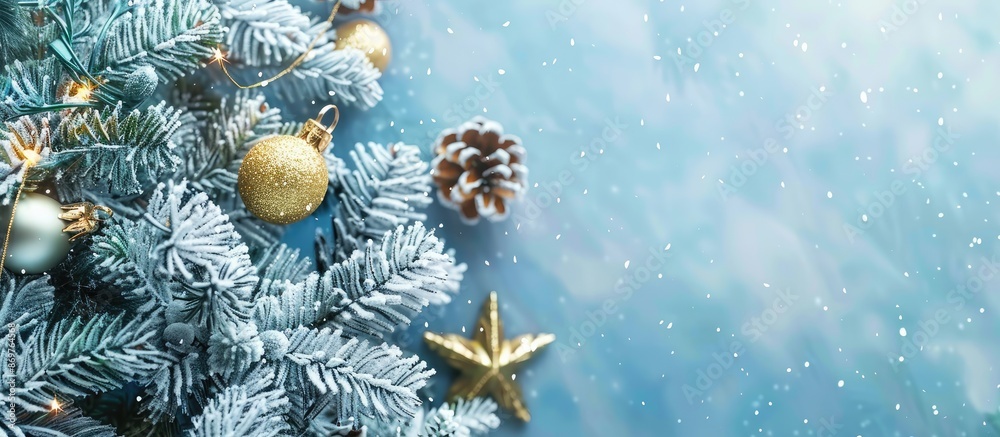 Leinwandbilder festive christmas background featuring a snowy fir tree adorned with golden and silver decorations o