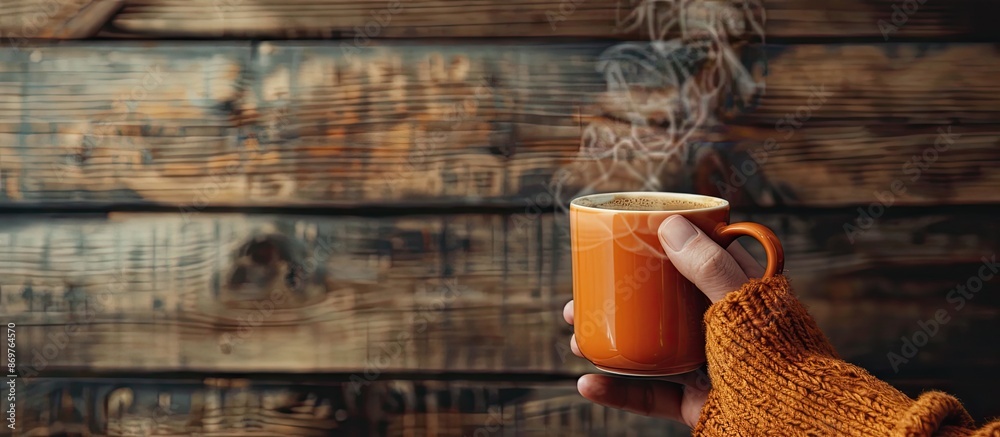 Poster hand holding a steaming cup of coffee with a rustic background and copy space image.