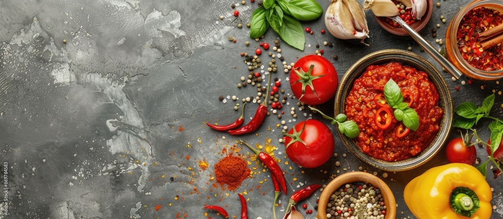 Poster on a grey table, a dish of paprika surrounded by ingredients, with copy space for adding text to the