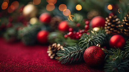 Obraz premium Festive Red Christmas Background with Ornaments and Pine Branches