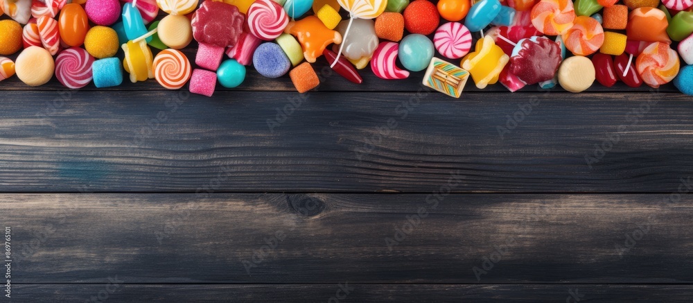 Aufkleber colorful-wrapped candies arranged on a wooden tabletop in a flat lay style with room for text in the