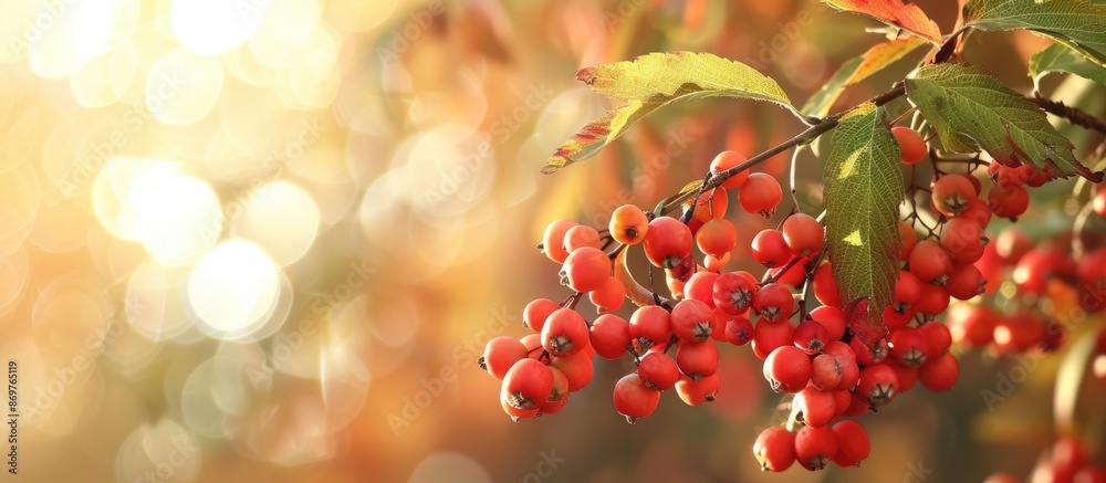 Aufkleber close-up of red rowan berries and leaves on a branch in autumn, with sour yet vitamin c-rich berries