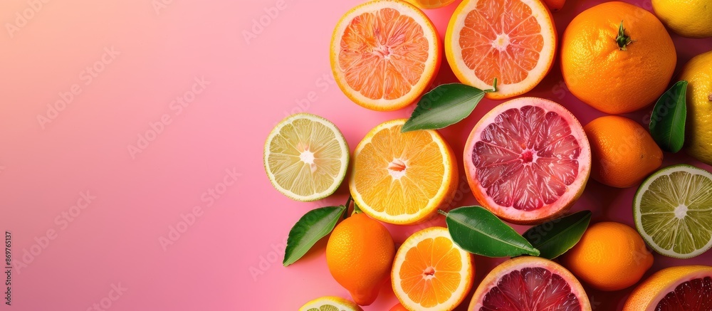 Poster Citrus fruits laid out beautifully on a colored background with a bit of space for text. Copy space image.