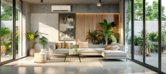 Modern Living Space with Integrated Air Conditioning and Stylish Furniture in a Lush Green Setting