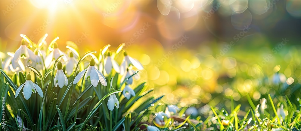Poster close-up of snowdrops under the sunlight in a beautiful spring landscape, featuring blooming flowers