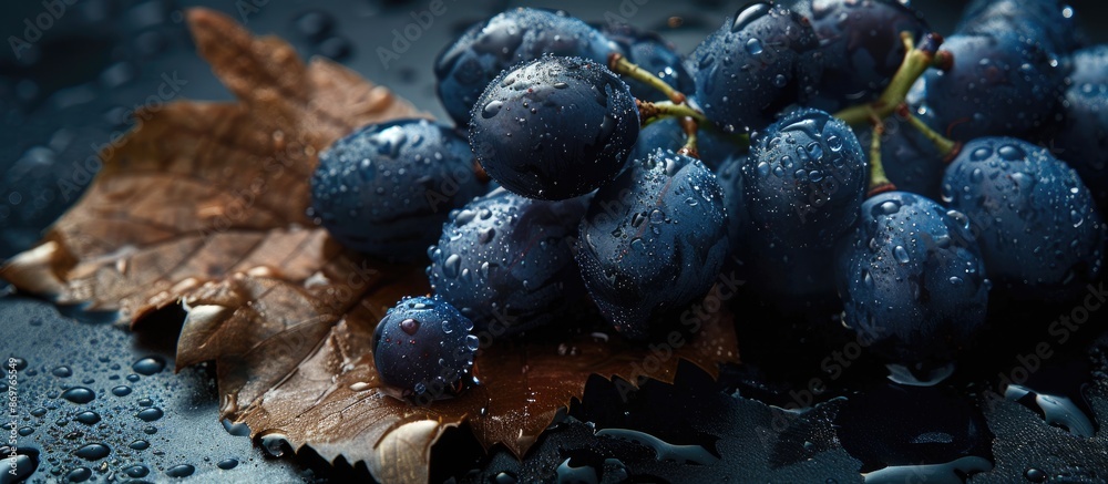 Aufkleber A black background highlights wet dark blue grapes with a dried leaf, leaving room for additional content in the image.