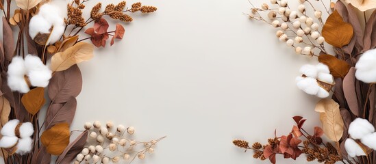 A fall-themed arrangement featuring a frame of eucalyptus, cotton flowers, and dried leaves on a soft gray backdrop for a cozy autumn vibe. Top view with room for text or images