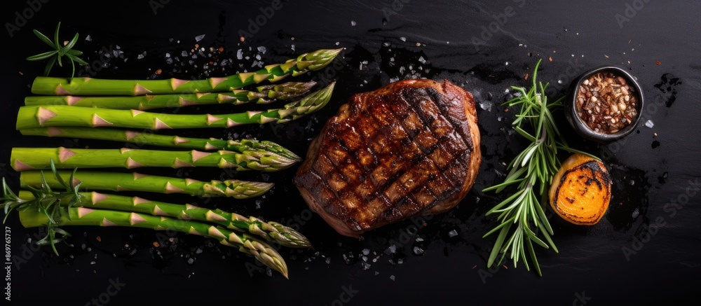 Poster top view of a succulent grilled fillet mignon steak served with roasted asparagus on a black backgro