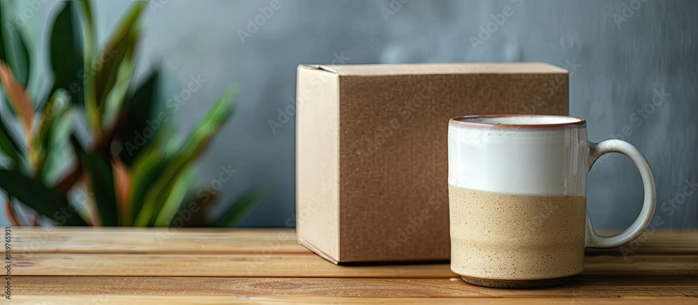 Aufkleber ceramic mug displayed with a paper box, creating copy space image.