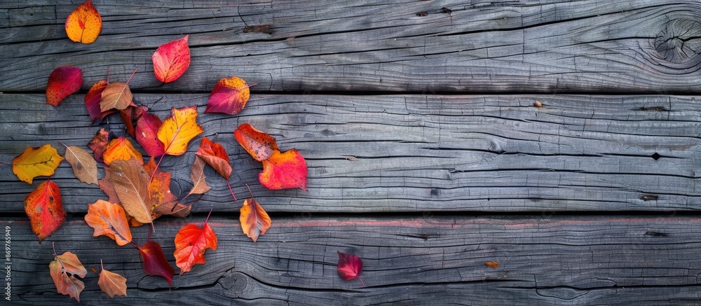 Poster an autumn-themed scene featuring colorful leaves scattered across a vintage wooden table with ample 
