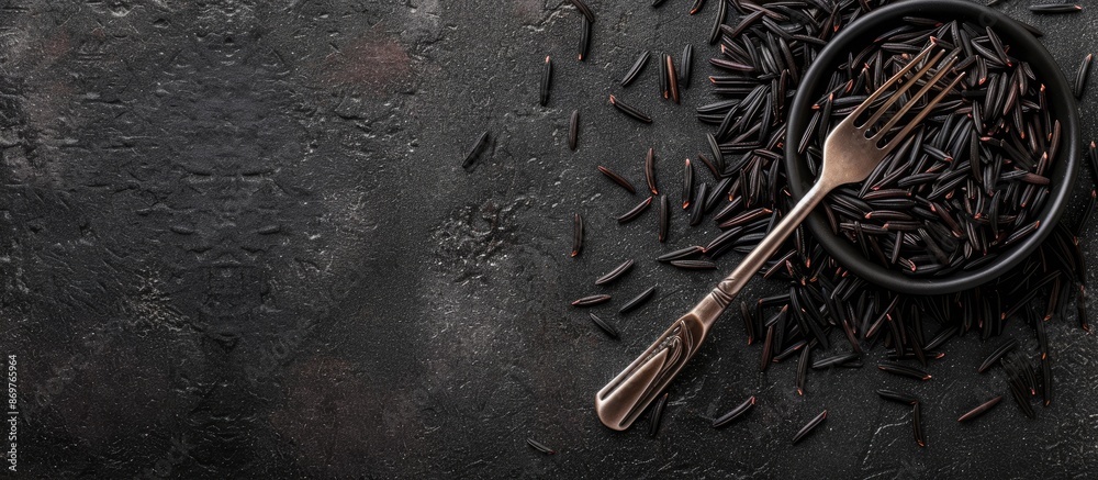 Poster a top-down picture featuring wild black rice on a black background with a fork, providing space for 
