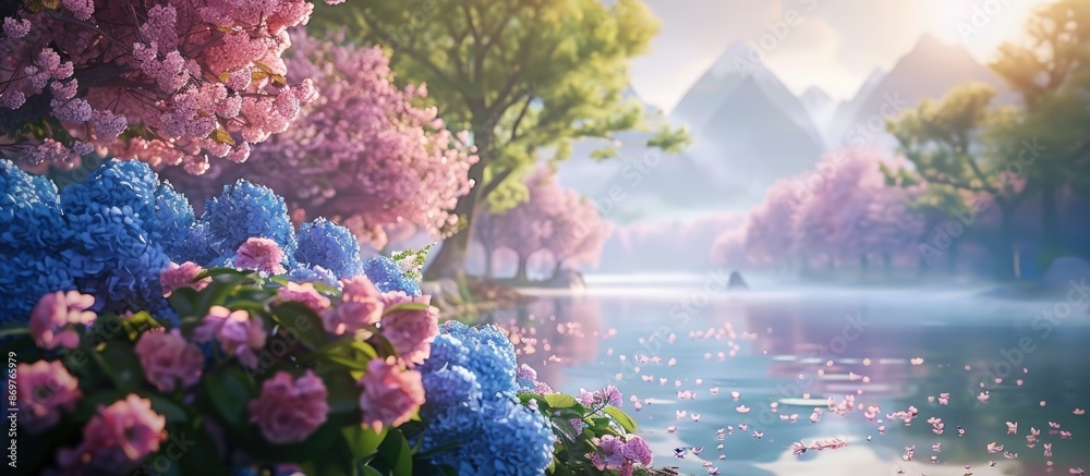 Poster a picturesque scene featuring blooming hydrangeas and cherry blossom trees with a serene ambiance pe