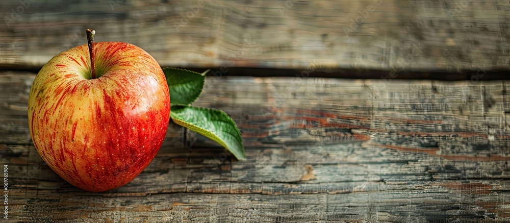 Poster Horizontal wooden background showcasing a ripe red apple with copy space image available.